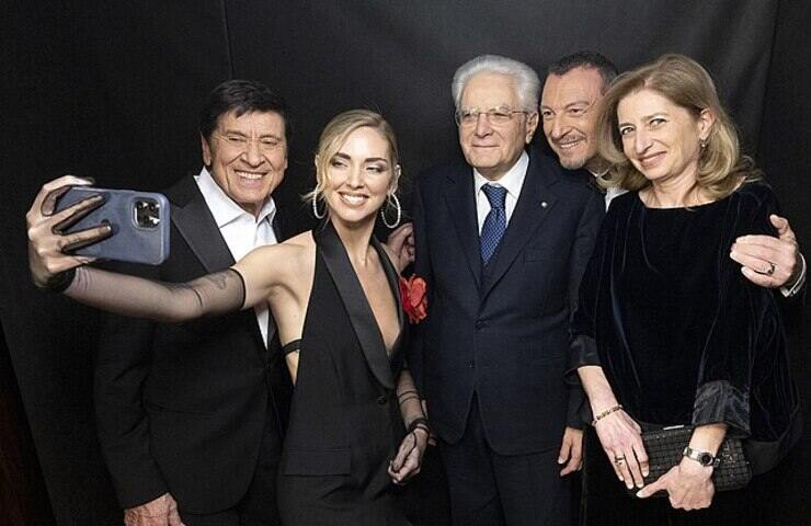 Il Presidente della Repubblica Sergio Mattarella con Amadeus, Gianni Morandi e Chiara Ferragni, in occasione dell' edizione del Festival di Sanremo 2023